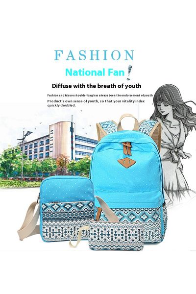 fulina 3 in 1 New Style Printed Zipper Students Canvas Backpack Set,Blue