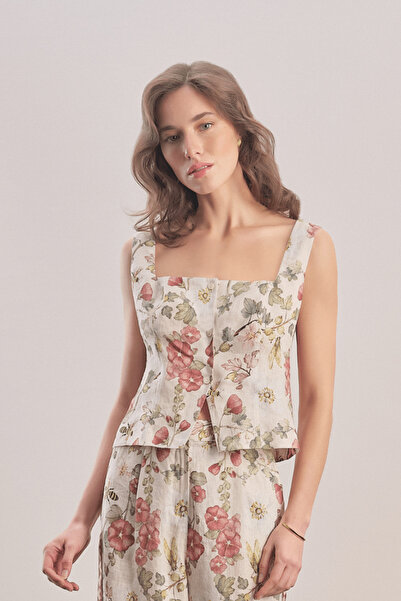 Mavlo Burgundy Floral Linen Vest