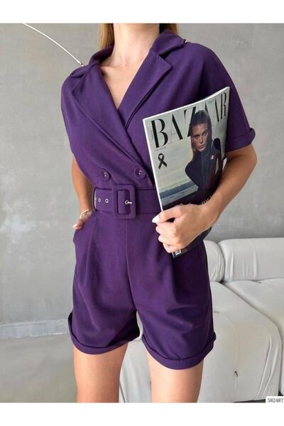 Modafeminen Skuba Krep Şort Tulum Mor 582487