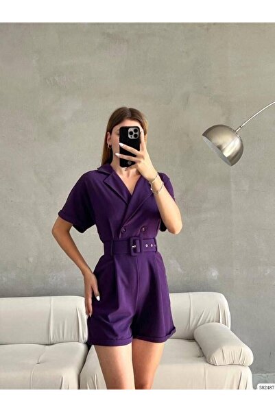 Modafeminen Skuba Krep Şort Tulum Mor 582487