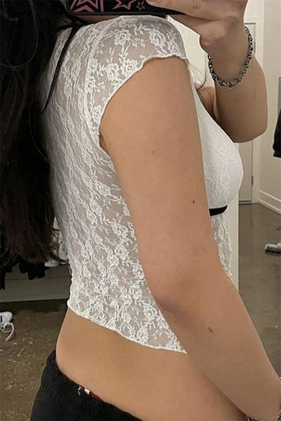 Karakedi White Lace Black Collar Ribbon Gothic Y2K Short Sleeve Crop