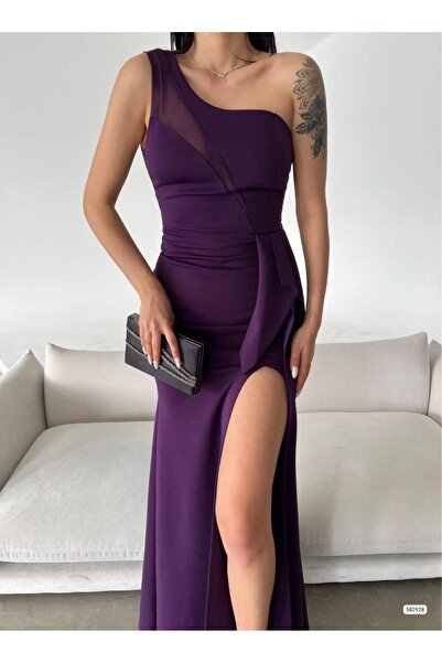 Modafeminen Tek Omuz Göğüsü Transparan Detay Scuba Kumaş Yırtmaçlı Abiye Elbise Mor 582928