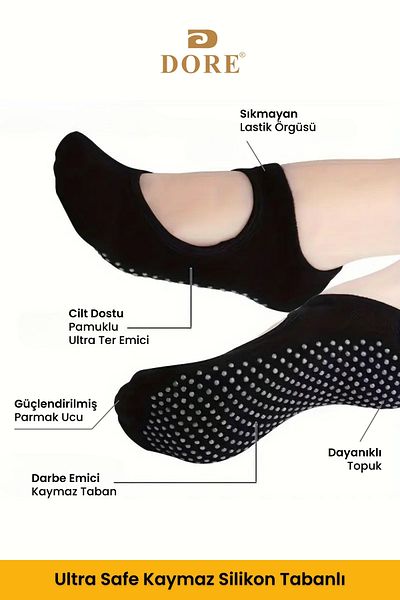 Dore Original Women's 3 Pairs of Non-Slip Pilates and Yoga Non-Slip Sole Plates Ballet Socks Black White Pink