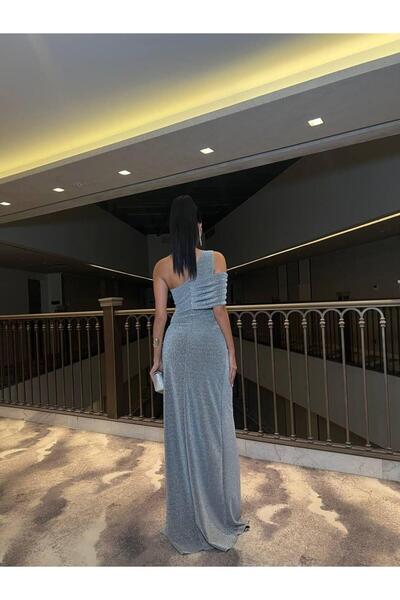 Modafeminen One Shoulder Slit Flowers Fabric Dress Gray 583203