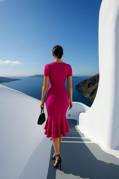 Modafeminen Γυναικείο τετράγωνο γιακά με κοντό μανίκι με λεπτομέρεια με διπλό βολάν Midi βραδινό φόρεμα φούξια 582981