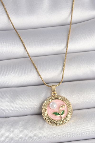 Clariss 316L Steel Gold Color Chain Pink Flower Embroidered Pearl Detail Portrait Model Women's Necklace
