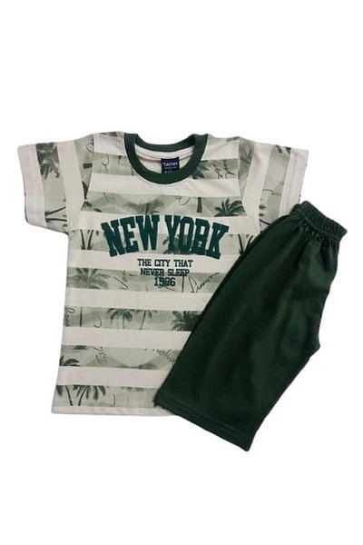 Tarık Boy's 100% Cotton New York Letter Crew Neck Short Sleeve Khaki Shorts Pajama Set