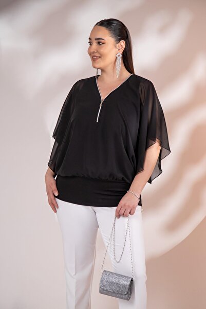 Roxxlen 3330365 Μπλούζα σιφόν με φερμουάρ Μαύρη