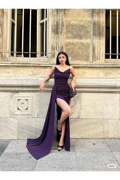 Modafeminen Strappy Slit Detailed Satin Long Evening Dress Purple 582957