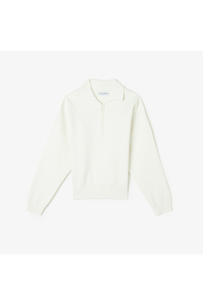 Lacoste Kadın Crop Fermuarlı Beyaz Triko