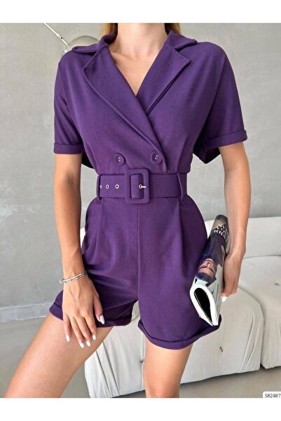 Modafeminen Skuba Krep Şort Tulum Mor 582487