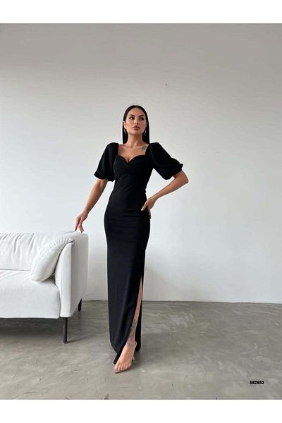 Modafeminen Κρεπ ύφασμα με διπλό γιακά μπαλόνι μανίκι με λεπτομέρεια μάξι φόρεμα μαύρο 582853