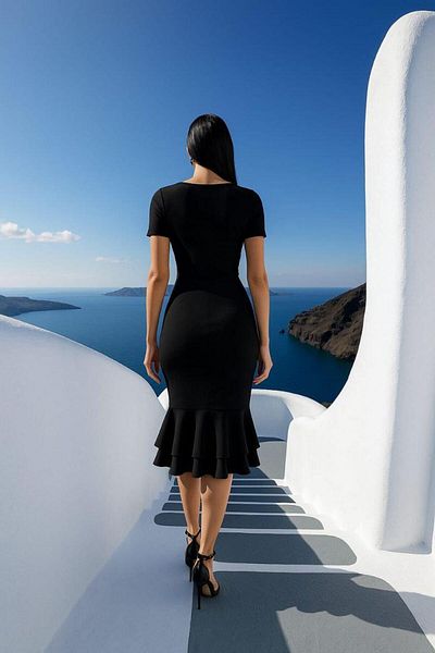 Modafeminen Γυναικείο τετράγωνο γιακά με κοντό μανίκι με λεπτομέρεια με διπλό βολάν Midi βραδινό φόρεμα μαύρο 582981