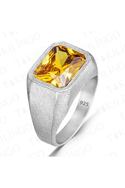 Takılingo 925 Ayar Gümüş Sarı Sitrin Taşlı Sade Erkek Yüzük