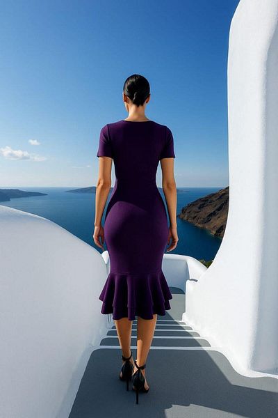 Modafeminen Women's Square Neck Short Sleeve Button Detail Double Flounce Midi Evening Dress Purple 582981