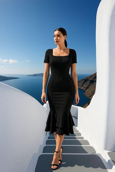 Modafeminen Γυναικείο τετράγωνο γιακά με κοντό μανίκι με λεπτομέρεια με διπλό βολάν Midi βραδινό φόρεμα μαύρο 582981