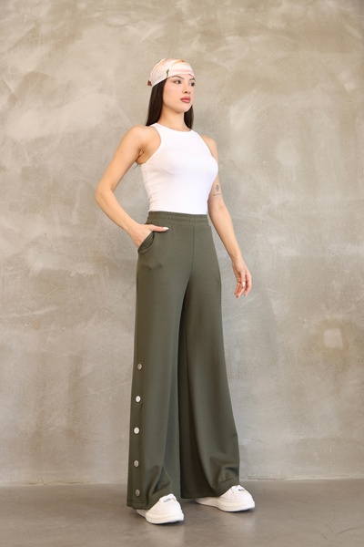 ESL ESLEM Women's Button Detailed Wide Leg Trousers – Elastic Waist, Comfortable Fit, Seasonal