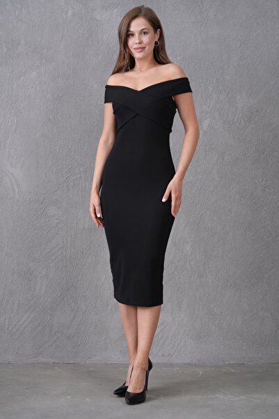 bayansepeti Rochie neagră elegantă Midi cu design deschis pentru femei 13650