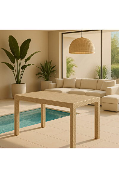Buclee 6 Kişilik Capuccino Rattan Görünümlü Camlı Bahçe Masası 80x140