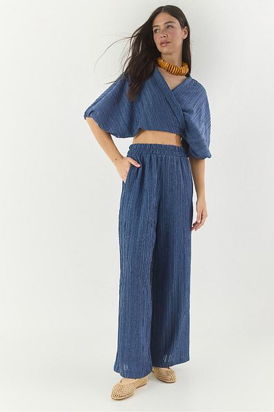 Bianco Lucci Bluză cu mâneci pepene verde cu cravată pentru femei, cu talie elastică, pantaloni largi, costum de sus și de jos 9340 60281051