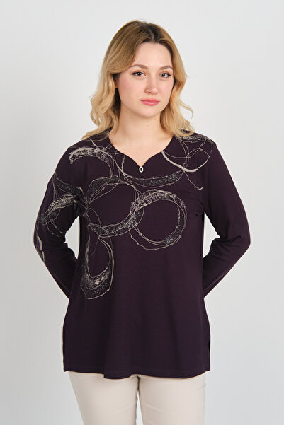 Detay Triko بلوزة نسائية طويلة الأكمام منقوشة فضية ورقبة على شكل حرف V 5743 Plum