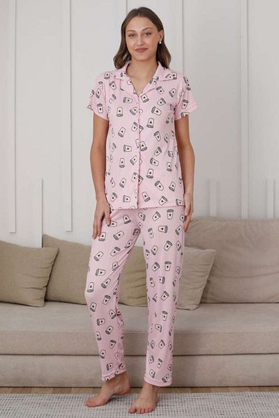 My Blog Pink Coffee Glass Patterned Buttoned Pajama Set - 15655