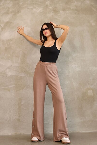 ESL ESLEM Women's Button Detailed Wide Leg Trousers – Elastic Waist, Comfortable Fit, Seasonal