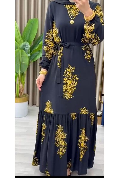 Dagü Design Hijab Ruffle Detailed Patterned Black, Gold Viscose Dress