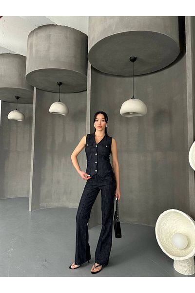 QİMYA BUTİK Hot Fashion Women's Striped Jean Stretchy Denim Fabric Vest Oantolonlu Wintage Suit