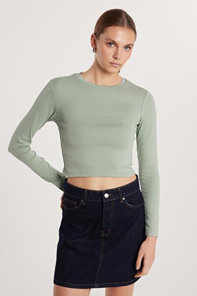 Tudors Kadın Slim Fit Pamuklu Uzun Kol Düz Yeşil Bisiklet Yaka Bluz