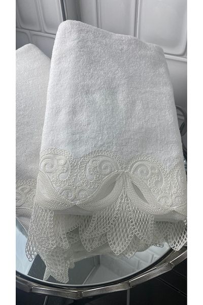 MEYN COLLECTİON 2-Piece Crown Leaf Laced Dowry Holder, Gift Bath Towel