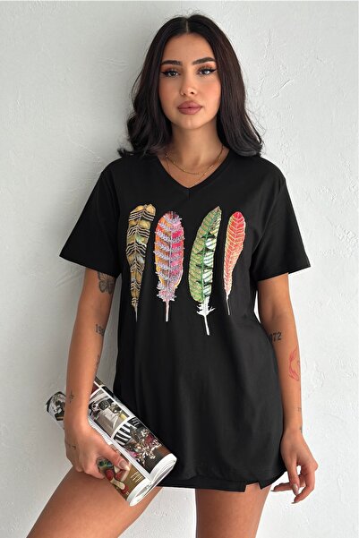 FEMELLE Women's Black V-Neck Large Size Feather Pattern Sequin Embroidered 100% Cotton Large Size T-Shirt