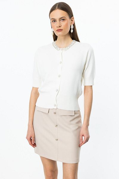 ON Short Sleeve Cardigan with Stones on the Collar