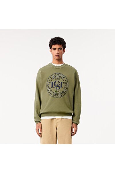 Lacoste Men's Loose Fit Crew Neck Printed Khaki Sweatshirt