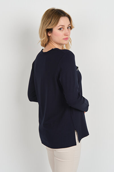 Detay Triko Жіноча прикраса з кишенями, детальна блуза з довгими рукавами 5717 Синя