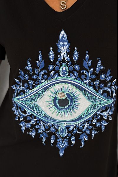 FEMELLE Tricou negru pentru femei, cu decolteu în V, cu paiete și broderie, brodat, 100% bumbac