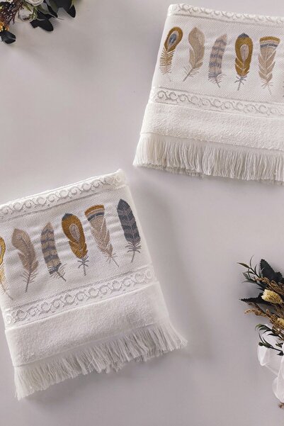 Sevim 2 Pack Embroidered Velvet Hand Towels - Jacquard Feather Embroidered Face Towel - 100% Cotton - Cream
