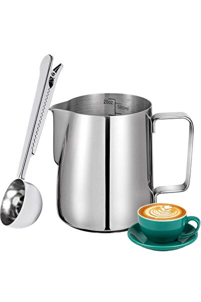 Quasar & Co. Milk frother and measuring spoon set, Quasar&Co., barista mug, stainless steel, 600ml, silver