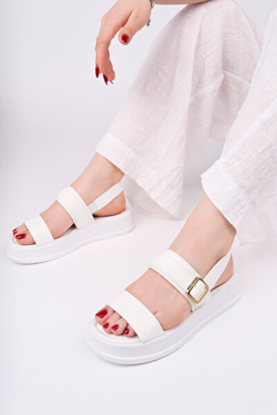 meyra'nın ayakkabıları Women's White Skin Adjustable Single Buckle Back Elastic Comfort Sandals