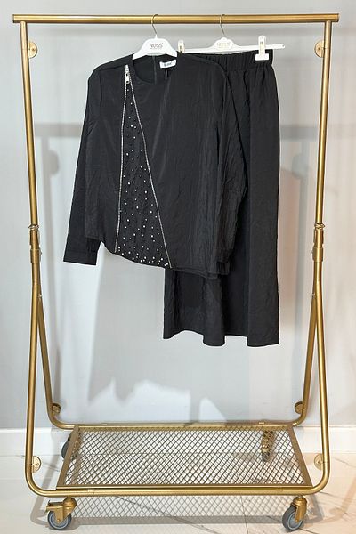 Nuss Asymmetrical Tunic Skirt Suit with Stones on the Front 1042 Black