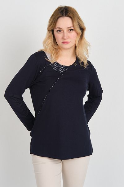 Detay Triko Women's Collar Detailed Beaded Beaded Side Slit Mother Blouse 5725 Navy Blue