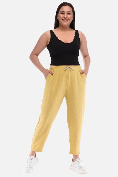 CEDY DENIM سروال نسائي صيفي كبير الحجم من الكتان الصناعي عالي الخصر مرن وضيق الساق C611