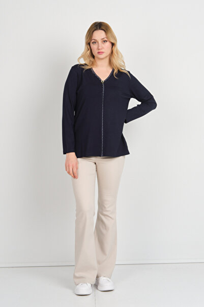 Detay Triko Жіноча блуза з довгими рукавами, прикрашена бісерною вишивкою та декоративними ґудзиками, 5752, темно-синя