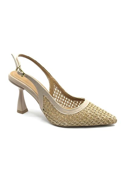 KCMN Feles Straw Detailed Open Back Stiletto Women's Heeled Shoes Nut
