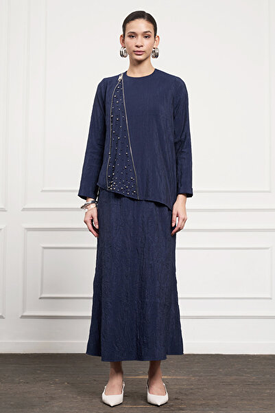 Nuss Asymmetrical Tunic Skirt Suit with Stones on the Front 1042 Navy Blue