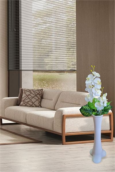 M3DECORİUM Το πιο όμορφο δώρο Μακρύ λευκό χοντρό ακρυλικό βάζο Λευκή ορχιδέα και πράσινα μοτίβα φύλλα
