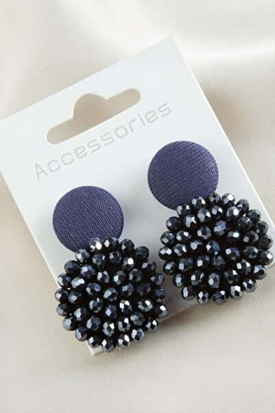 Generic Brand Button Crystal Earrings Navy Blue