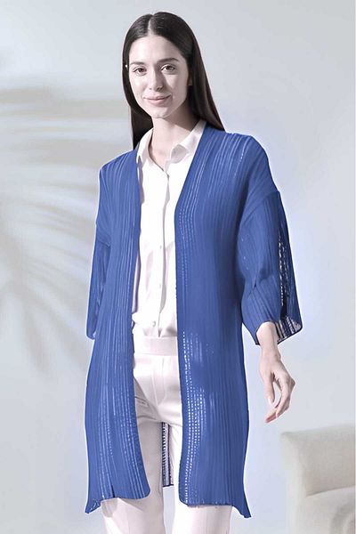 LEBUAS Indigo - Women's Summer Knitwear Cardigan - Perforated - Mesh Pattern - Half Sleeve