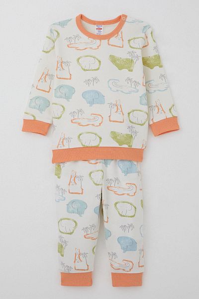 Breeze Baby Boy Pajama Set with Shoulder Patch Safari Themed Animals Patterned 4 Months-1 Year Old, Ecru