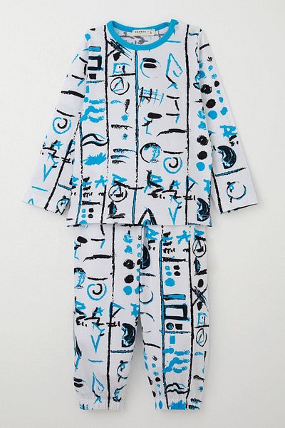 Breeze Boy's Pajama Set with Patterned Legs and Elastic Waist, 1-3 Years Old, White